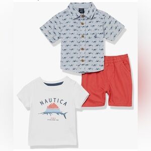 3pc Nautica set with t-shirt & button-up top and orange shorts/ Size: 6/9 months